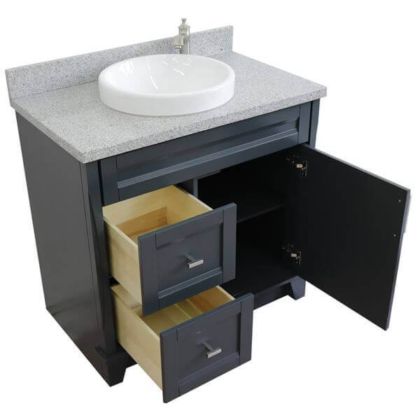 37" Single sink vanity in Dark Gray finish with Gray granite and CENTER round sink- RIGHT drawers - 400700-37R-DG-GYRDC