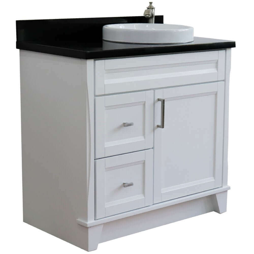 37" Single sink vanity in White finish with Black galaxy granite and LEFT round sink- RIGHT drawers - 400700-37R-WH-BGRDR