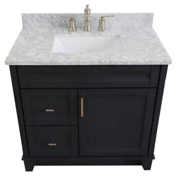 37" Single sink vanity in Dark Gray finish with White Carrara marble and CENTER rectangle sink- RIGHT drawers - 400700-37R-DG-WMRC