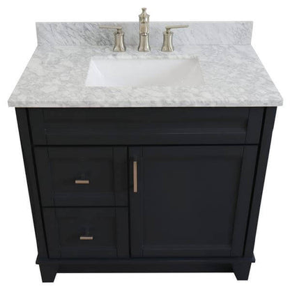 37" Single sink vanity in Dark Gray finish with White Carrara marble and CENTER rectangle sink- RIGHT drawers - 400700-37R-DG-WMRC