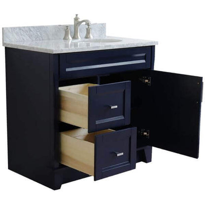 37" Single sink vanity in Blue finish with White Carrara marble and LEFT oval sink- RIGHT drawers - 400700-37R-BU-WMOR