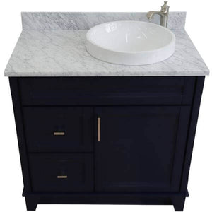 37" Single sink vanity in Blue finish with White Carrara marble and LEFT round sink- RIGHT drawers - 400700-37R-BU-WMRDR