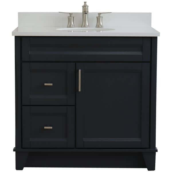 37" Single sink vanity in Dark Gray finish with White quartz and CENTER oval sink- RIGHT drawers - 400700-37R-DG-WEOC