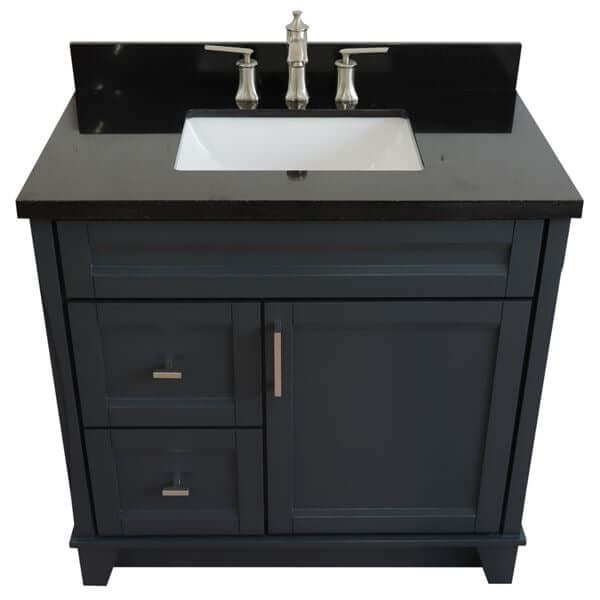 37" Single sink vanity in Dark Gray finish with Black galaxy granite and CENTER rectangle sink- RIGHT drawers - 400700-37R-DG-BGRC