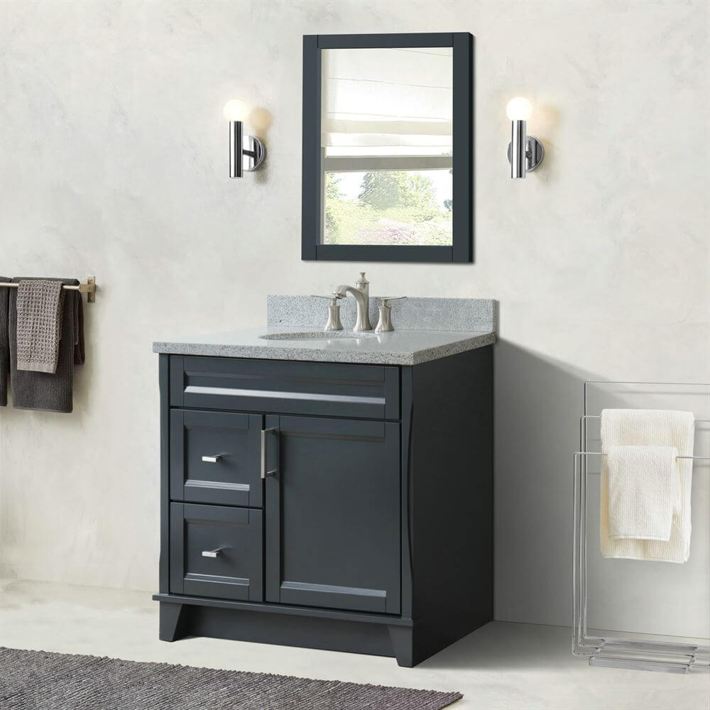 37" Single sink vanity in Dark Gray finish with Gray granite and CENTER oval sink- RIGHT drawers - 400700-37R-DG-GYOC