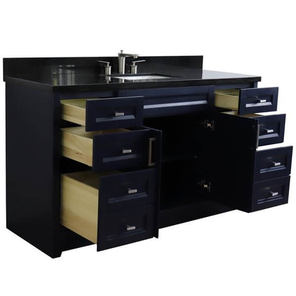 61" Single sink vanity in Blue finish and Black galaxy granite and rectangle sink - 400700-61S-BU-BGR