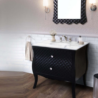 35.4 in Single sink vanity-wood-black-white marble top with oval sink - 203057B-WH