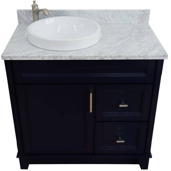37" Single sink vanity in Blue finish with White Carrara marble and Left door/Round Left sink - 400700-37L-BU-WMRDL