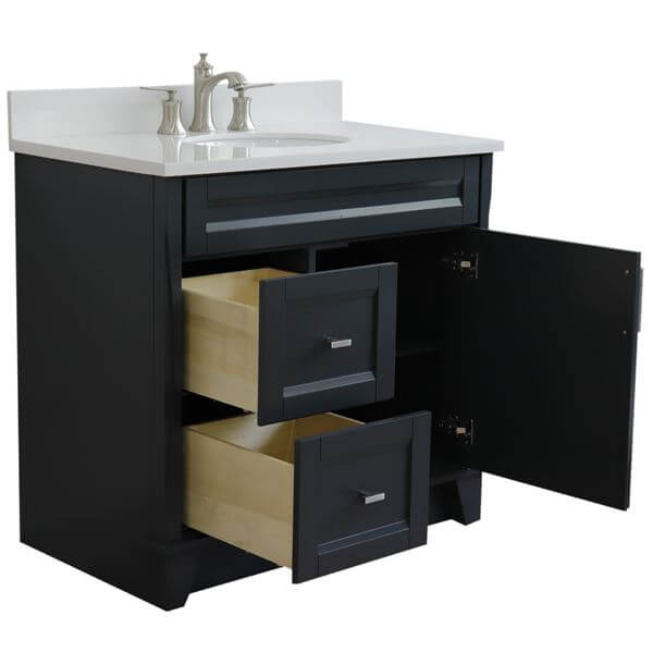 37" Single sink vanity in Dark Gray finish with White quartz and CENTER oval sink- RIGHT drawers - 400700-37R-DG-WEOC