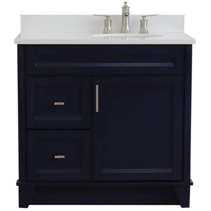 37" Single sink vanity in Blue finish with White quartz and LEFT oval sink- RIGHT drawers - 400700-37R-BU-WEOR