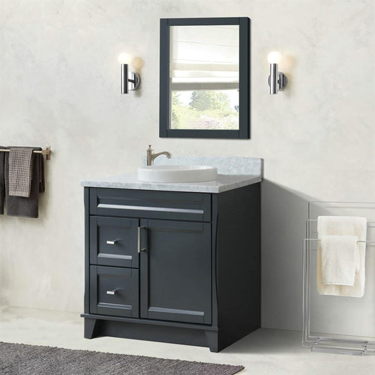 37" Single sink vanity in Dark Gray finish with White Carrara marble and CENTER round sink- RIGHT drawers - 400700-37R-DG-WMRDC