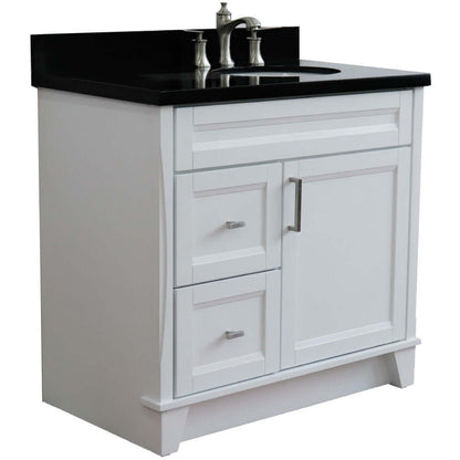 37" Single sink vanity in White finish with Black galaxy granite and LEFT oval sink- RIGHT drawers - 400700-37R-WH-BGOR
