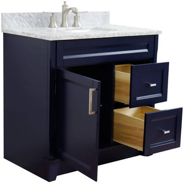 37" Single sink vanity in Blue finish with White Carrara marble and Left door/Center sink - 400700-37L-BU-WMRC