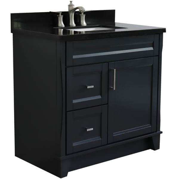 37" Single sink vanity in Dark Gray finish with Black galaxy granite and CENTER rectangle sink- RIGHT drawers - 400700-37R-DG-BGRC