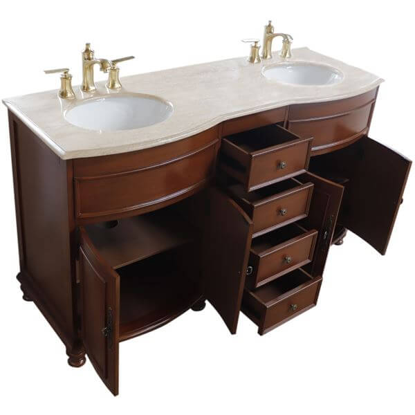 62 in Double sink vanity Walnut finish in Travertine top - 603316-LW-TR