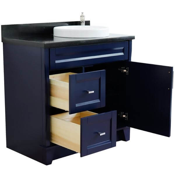 37" Single sink vanity in Blue finish with Black galaxy granite and LEFT round sink- RIGHT drawers - 400700-37R-BU-BGRDR