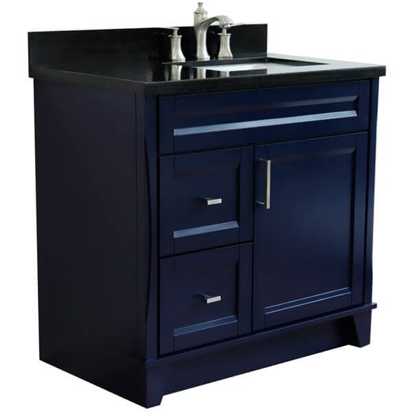 37" Single sink vanity in Blue finish with Black galaxy granite and LEFT rectangle sink- RIGHT drawers - 400700-37R-BU-BGRR