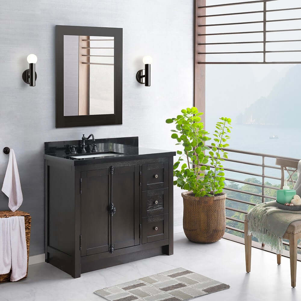 37" Single vanity in Brown Ash finish with Black galaxy top and rectangle sink - Left doors/Left sink - 400100-37L-BA-BGR