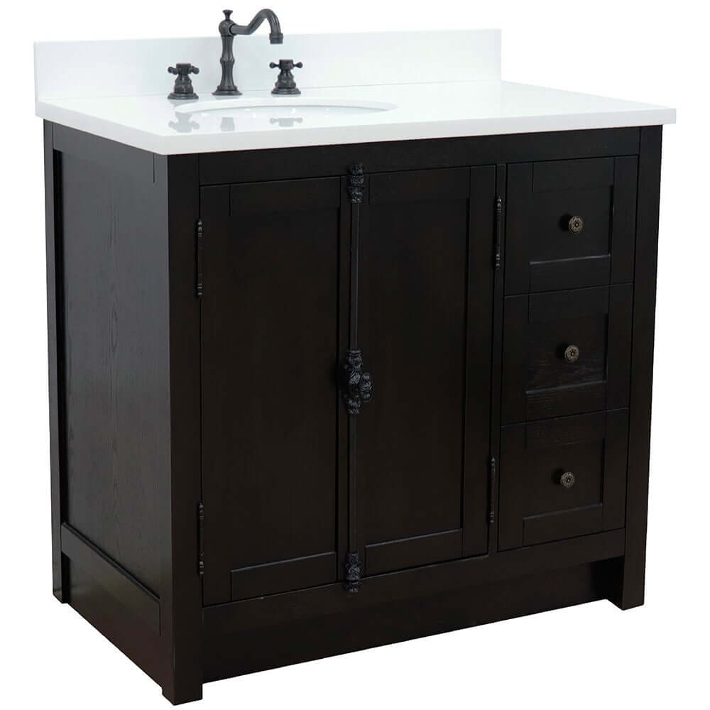 37" Single vanity in Brown Ash finish with White quartz top and oval sink - Left doors/Left sink - 400100-37L-BA-WEO