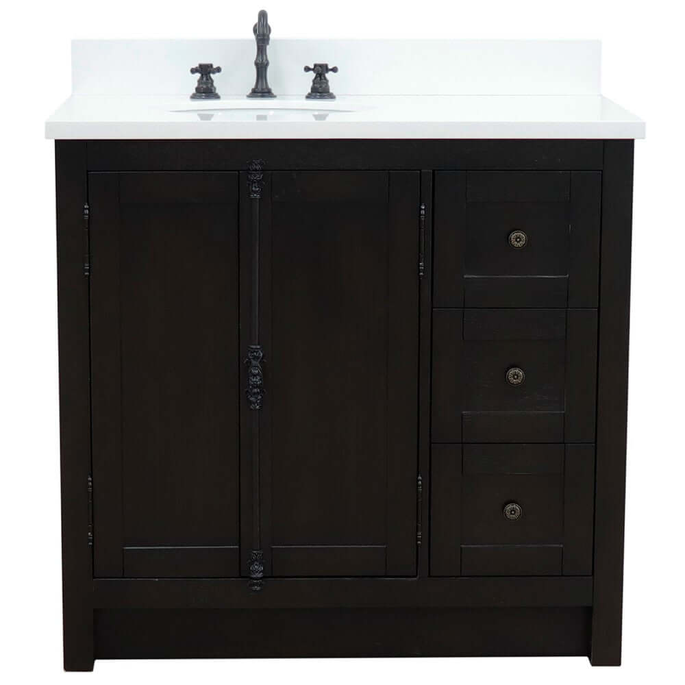 37" Single vanity in Brown Ash finish with White quartz top and oval sink - Left doors/Left sink - 400100-37L-BA-WEO