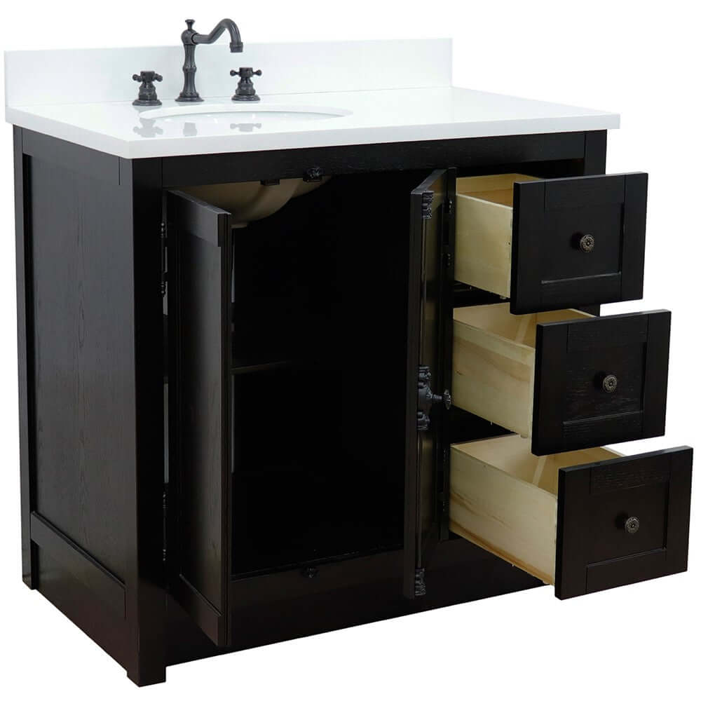 37" Single vanity in Brown Ash finish with White quartz top and oval sink - Left doors/Left sink - 400100-37L-BA-WEO