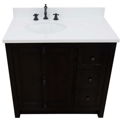 37" Single vanity in Brown Ash finish with White quartz top and oval sink - Left doors/Left sink - 400100-37L-BA-WEO