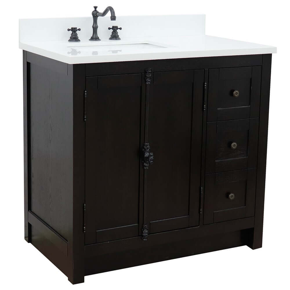 37" Single vanity in Brown Ash finish with White quartz top and rectangle sink - Left doors/Left sink - 400100-37L-BA-WER