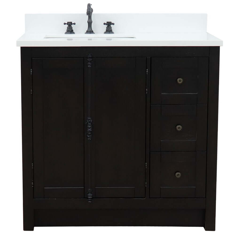 37" Single vanity in Brown Ash finish with White quartz top and rectangle sink - Left doors/Left sink - 400100-37L-BA-WER