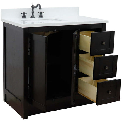 37" Single vanity in Brown Ash finish with White quartz top and rectangle sink - Left doors/Left sink - 400100-37L-BA-WER