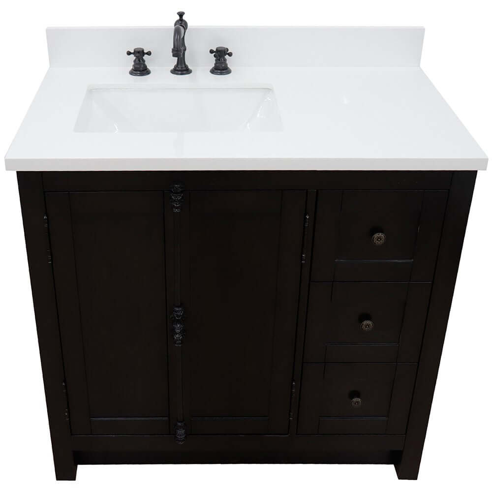 37" Single vanity in Brown Ash finish with White quartz top and rectangle sink - Left doors/Left sink - 400100-37L-BA-WER