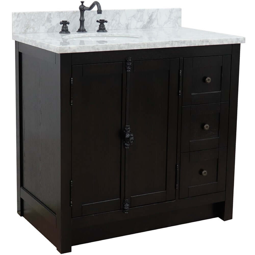 37" Single vanity in Brown Ash finish with White Carrara top and oval sink - Left doors/Left sink - 400100-37L-BA-WMO