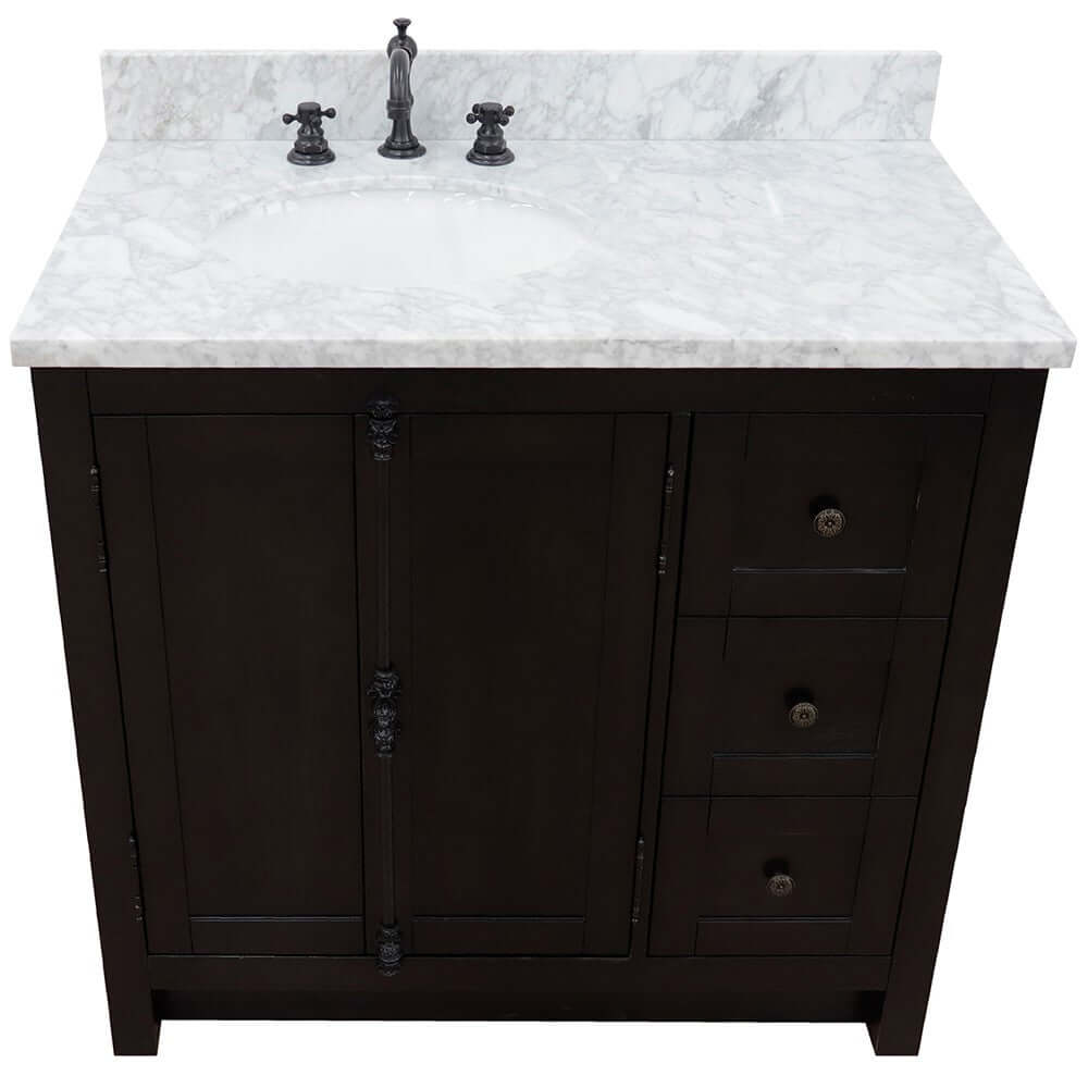 37" Single vanity in Brown Ash finish with White Carrara top and oval sink - Left doors/Left sink - 400100-37L-BA-WMO