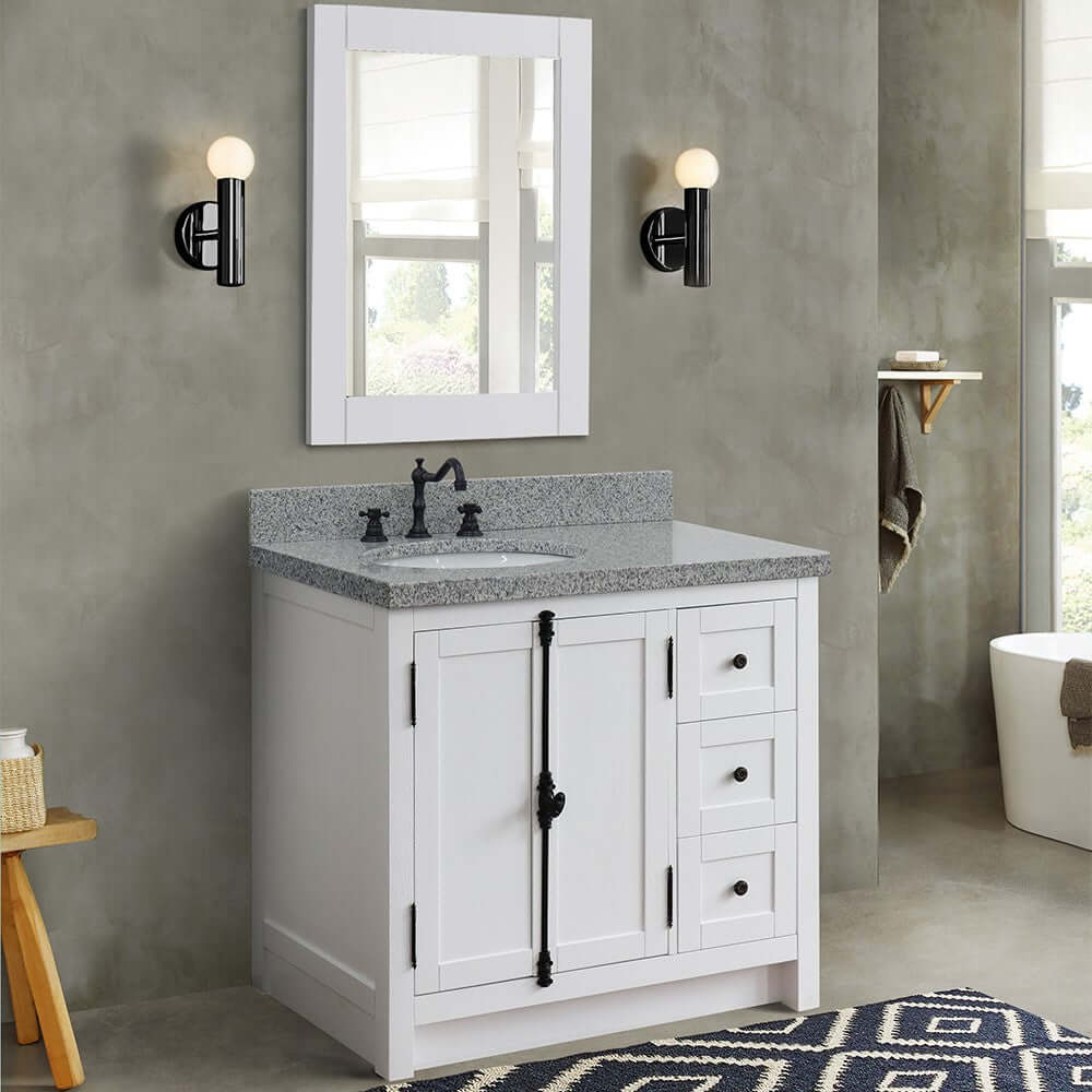 37" Single vanity in Glacier Ash finish with Gray granite top and oval sink - Left doors/Left sink - 400100-37L-GA-GYO