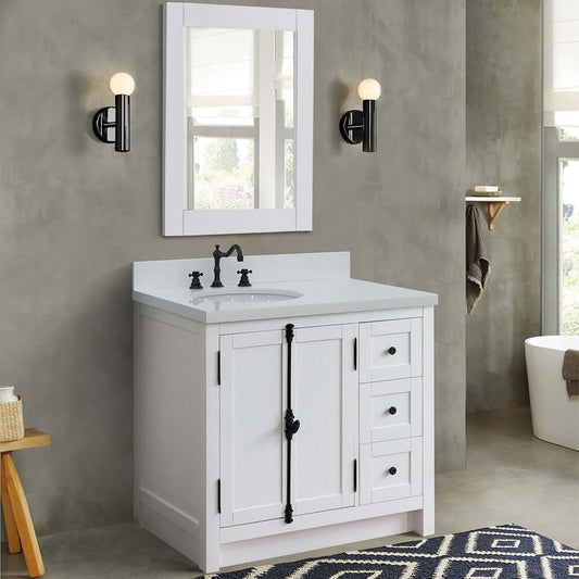 37" Single vanity in Glacier Ash finish with White quartz top and oval sink - Left doors/Left sink - 400100-37L-GA-WEO