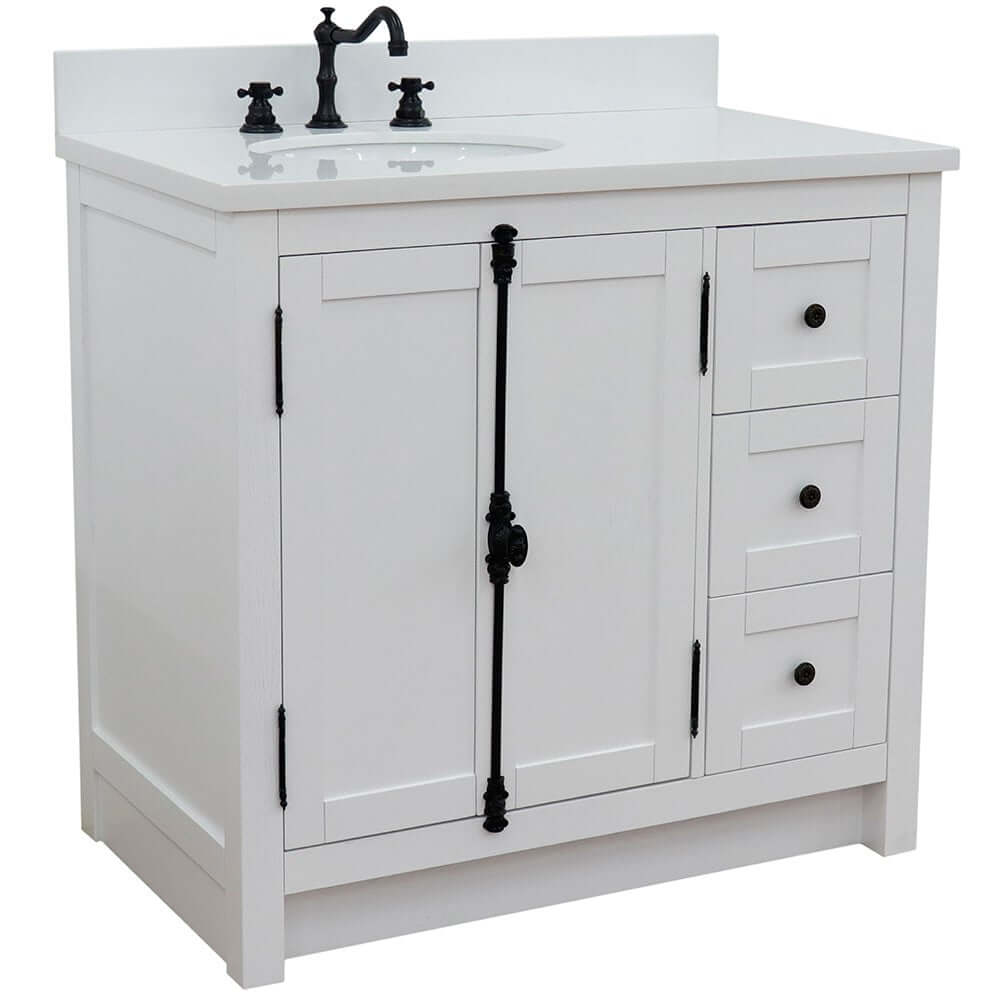 37" Single vanity in Glacier Ash finish with White quartz top and oval sink - Left doors/Left sink - 400100-37L-GA-WEO