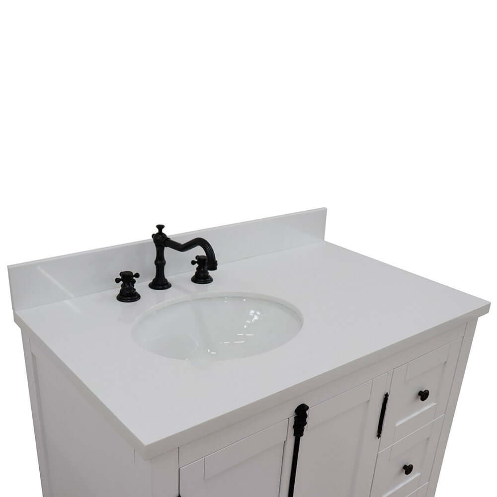 37" Single vanity in Glacier Ash finish with White quartz top and oval sink - Left doors/Left sink - 400100-37L-GA-WEO