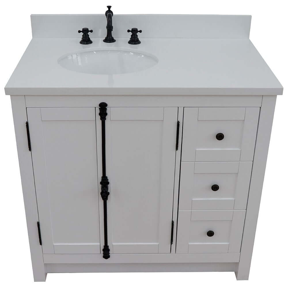 37" Single vanity in Glacier Ash finish with White quartz top and oval sink - Left doors/Left sink - 400100-37L-GA-WEO