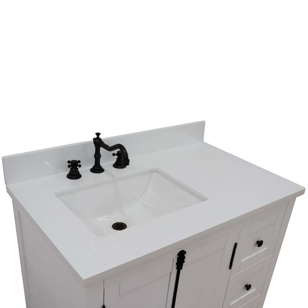 37" Single vanity in Glacier Ash finish with White quartz top and rectangle sink - Left doors/Left sink - 400100-37L-GA-WER