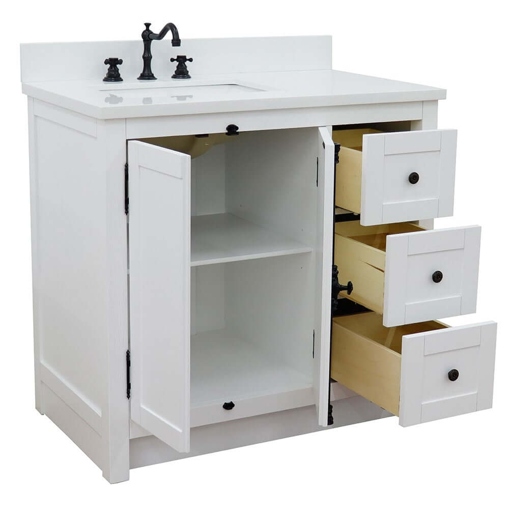 37" Single vanity in Glacier Ash finish with White quartz top and rectangle sink - Left doors/Left sink - 400100-37L-GA-WER