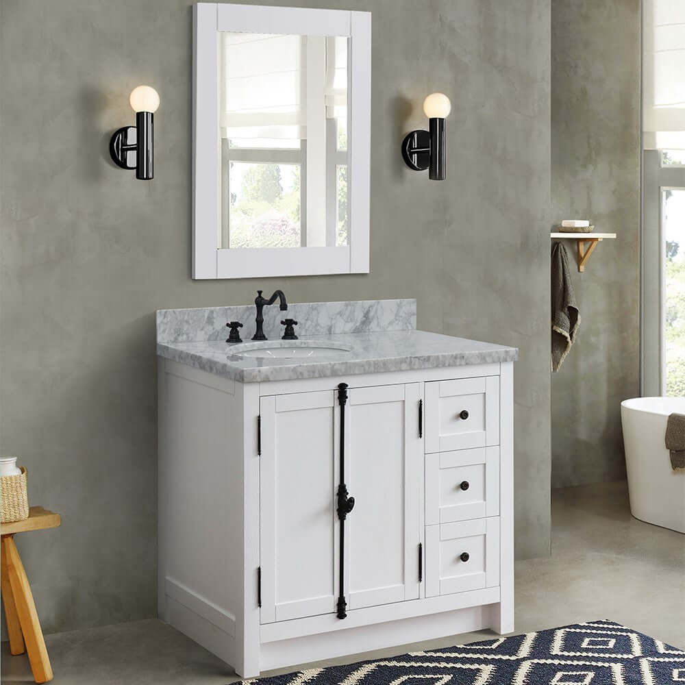 37" Single vanity in Glacier Ash finish with White Carrara top and oval sink - Left doors/Left sink - 400100-37L-GA-WMO