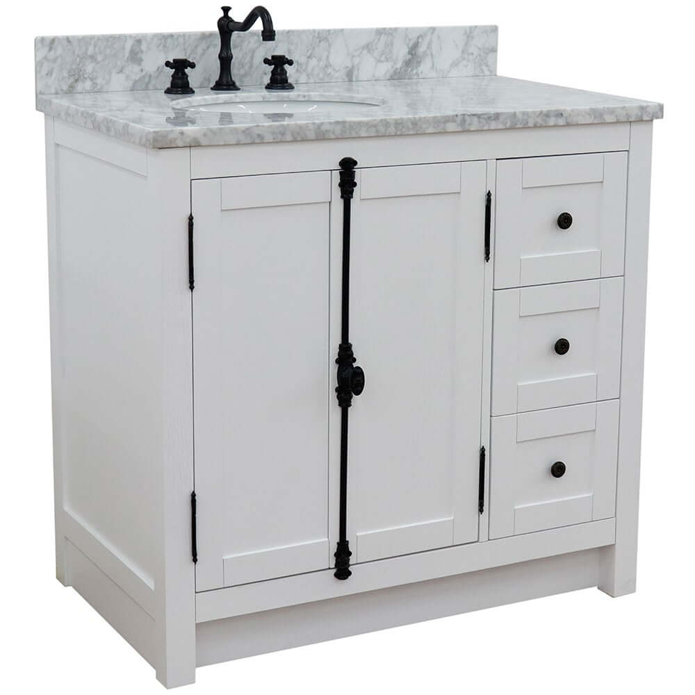 37" Single vanity in Glacier Ash finish with White Carrara top and oval sink - Left doors/Left sink - 400100-37L-GA-WMO