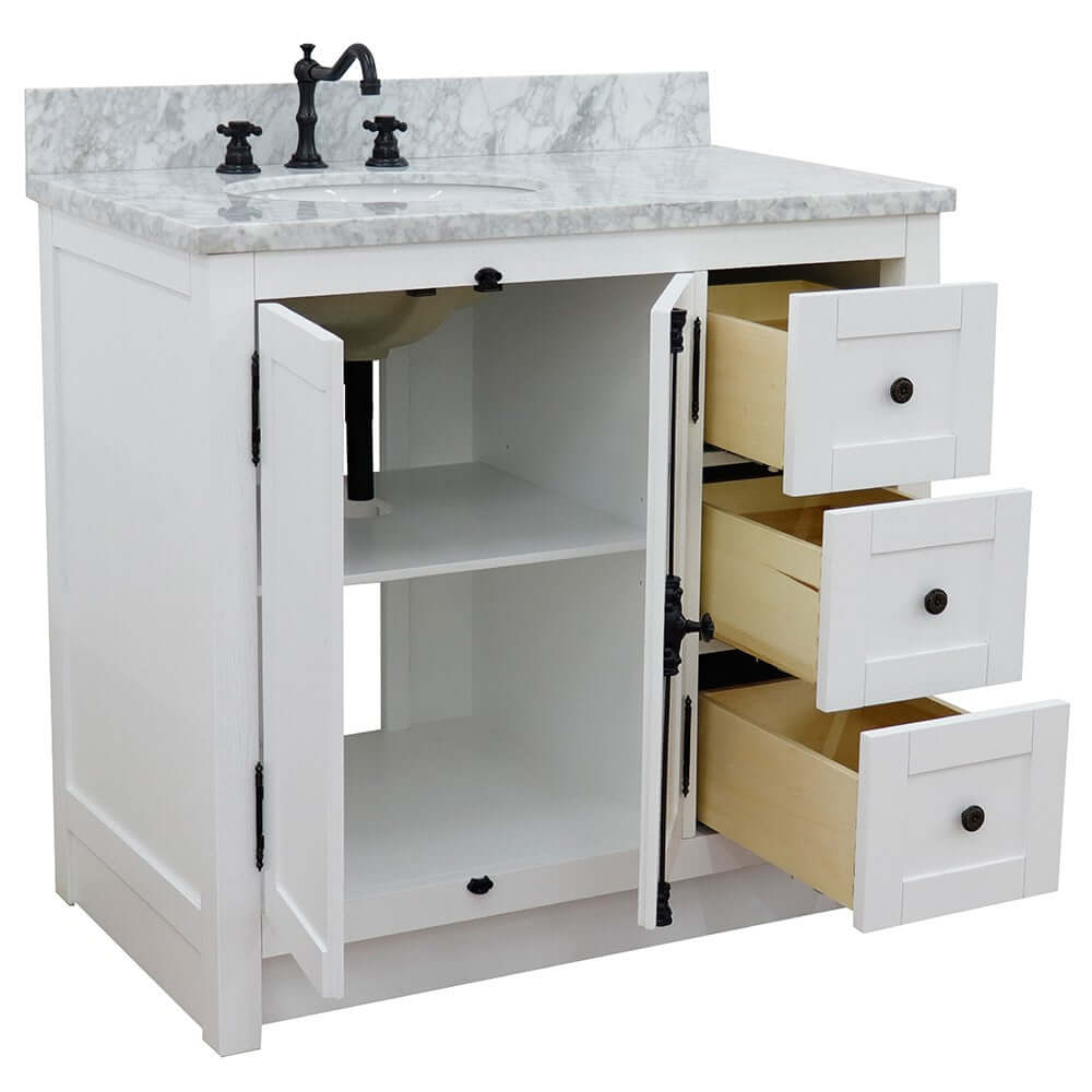 37" Single vanity in Glacier Ash finish with White Carrara top and oval sink - Left doors/Left sink - 400100-37L-GA-WMO