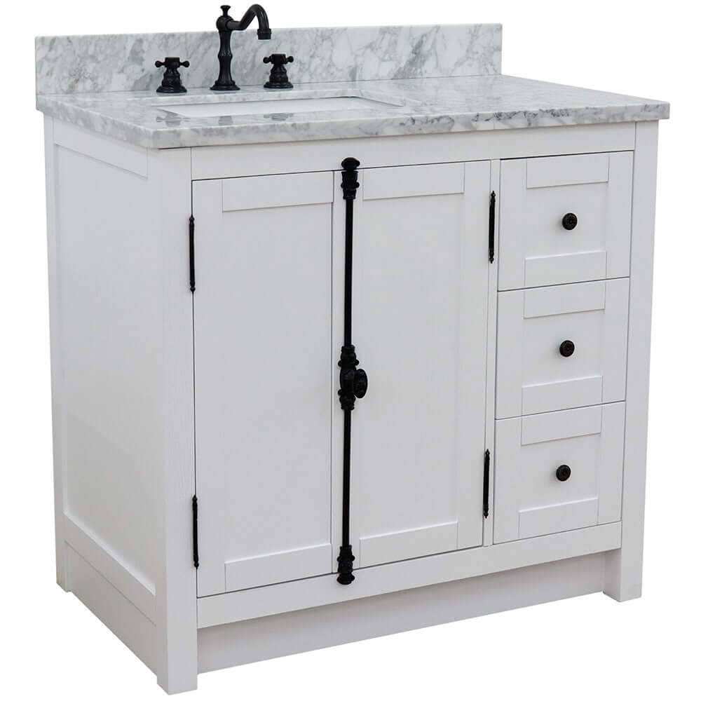 37" Single vanity in Glacier Ash finish with White Carrara top and rectangle sink - Left doors/Left sink - 400100-37L-GA-WMR