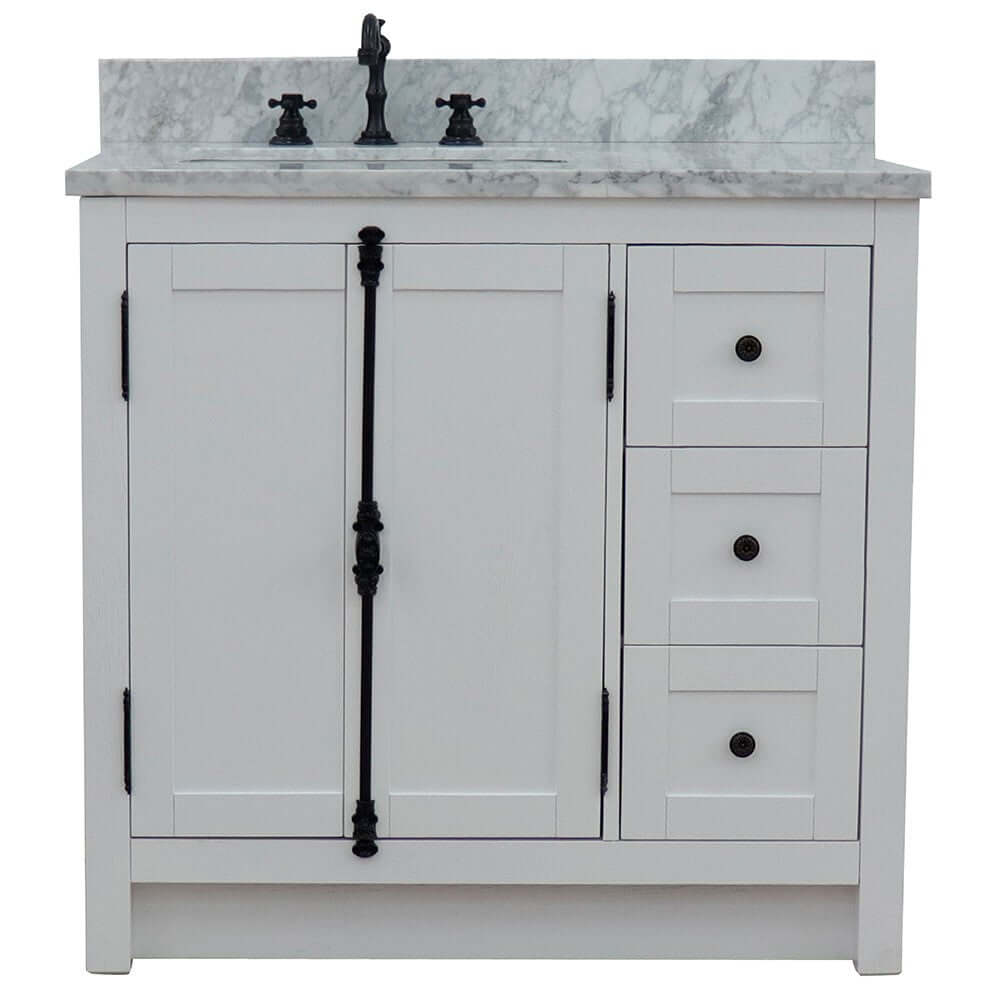 37" Single vanity in Glacier Ash finish with White Carrara top and rectangle sink - Left doors/Left sink - 400100-37L-GA-WMR