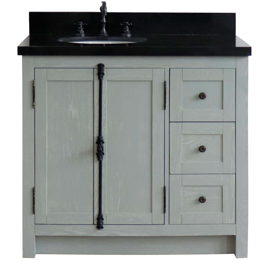 37" Single vanity in Gray Ash finish with Black galaxy top and oval sink - Left doors/Left sink - 400100-37L-GYA-BGO