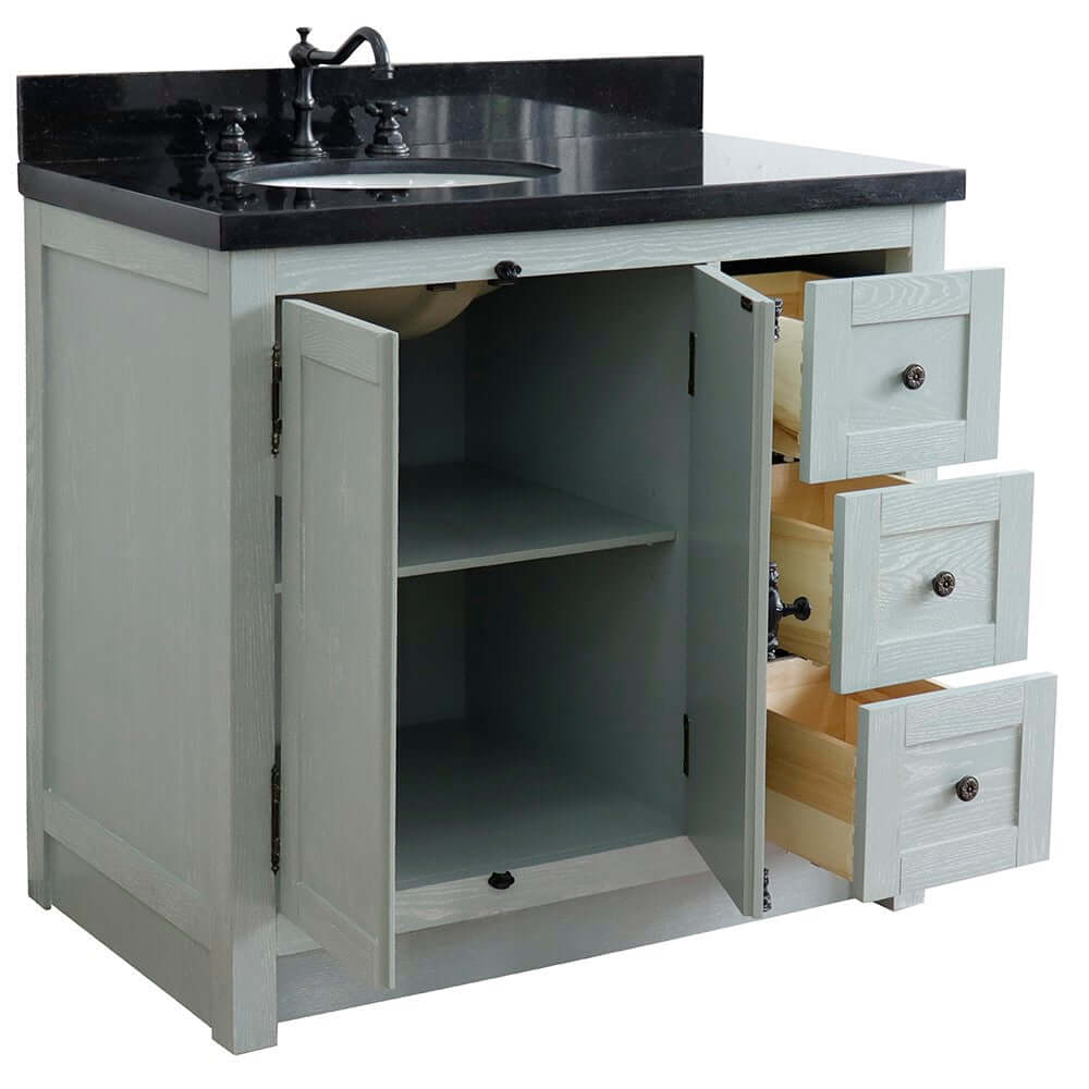 37" Single vanity in Gray Ash finish with Black galaxy top and oval sink - Left doors/Left sink - 400100-37L-GYA-BGO