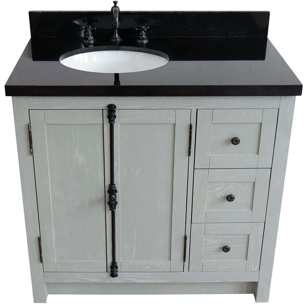 37" Single vanity in Gray Ash finish with Black galaxy top and oval sink - Left doors/Left sink - 400100-37L-GYA-BGO