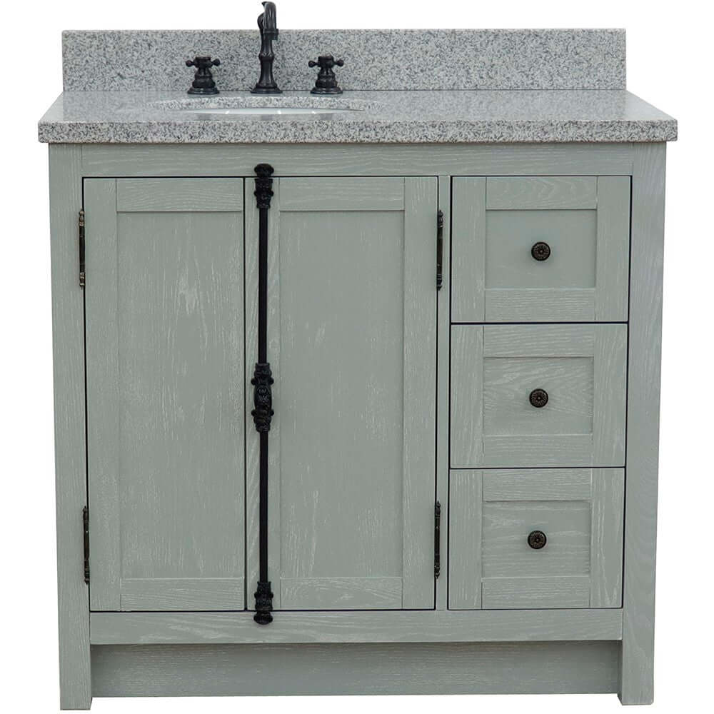 37" Single vanity in Gray Ash finish with Gray granite top and oval sink - Left doors/Left sink - 400100-37L-GYA-GYO