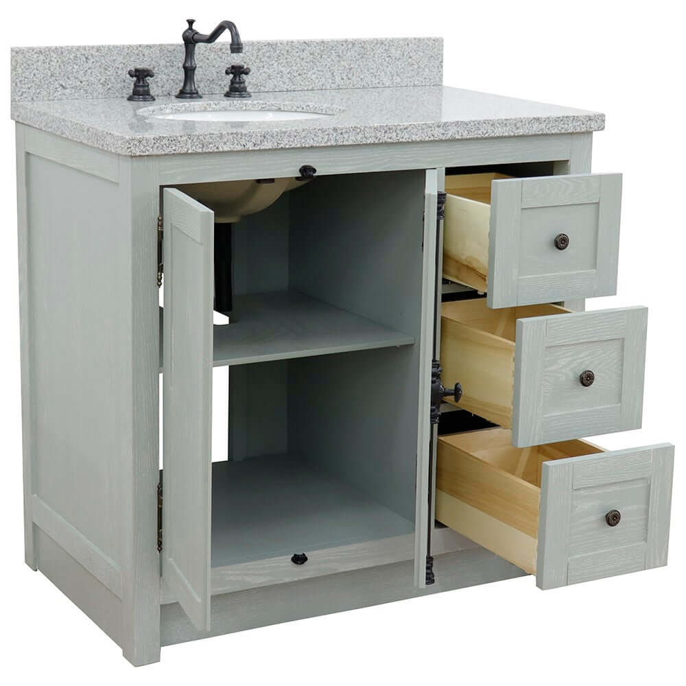 37" Single vanity in Gray Ash finish with Gray granite top and oval sink - Left doors/Left sink - 400100-37L-GYA-GYO