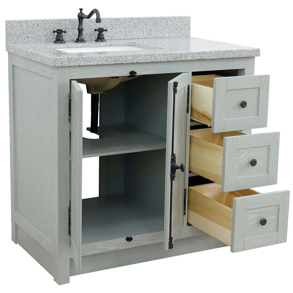 37" Single vanity in Gray Ash finish with Gray granite top and rectangle sink - Left doors/Left sink - 400100-37L-GYA-GYR